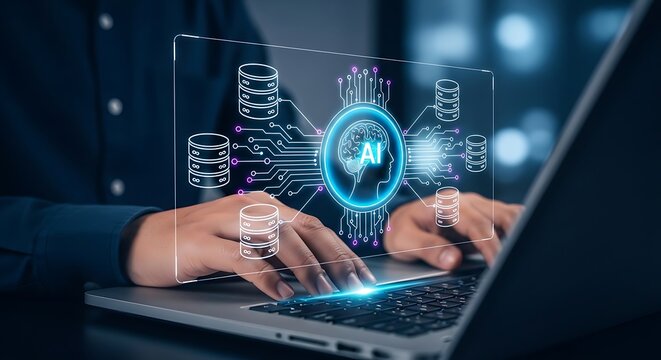 AI powered enterprise data management system visualizing machine learning database connectivity and analytics infrastructure