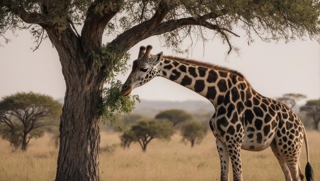 Giraffe Eating Leaves From A Tree In The African Savannah.