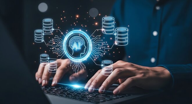 Machine learning platform visualizing artificial intelligence brain connected to database servers for enterprise data management and analytics
