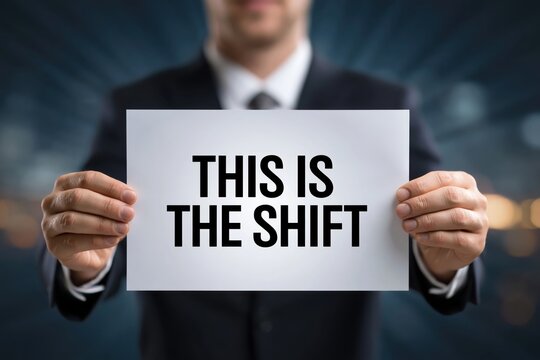 Businessman Holding a Sign 'This Is The Shift' for Change