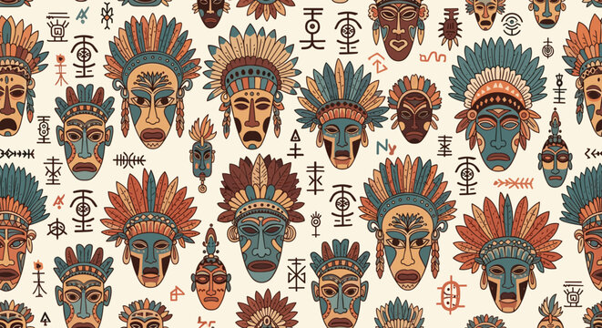 Seamless ethnic pattern shows various tribal wooden masks decorated with colorful feathers and indigenous cultural symbols.