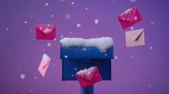 Pink envelopes flying around a blue mailbox covered with snow. Conceptual winter postal service theme with falling letters for Christmas and New Year holiday.