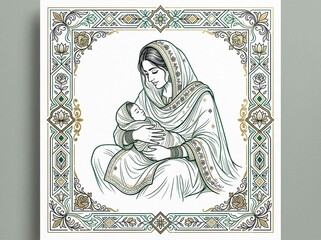 Fototapeta premium Gentle mother cradles her newborn infant tenderly embracing with love and warmth depicted in a serene delicate line art illustration with intricate ornamental ethnic