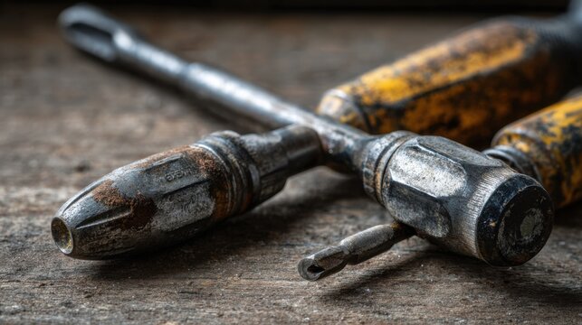 worn screwdriver handles and torque wrench in use, scratched metal, grease marks, close up, realistic workshop detail, natural light