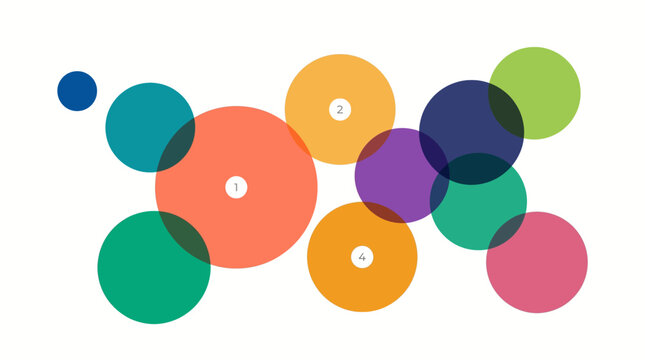 A colorful arrangement of various sized circular shapes floats in a white space.
