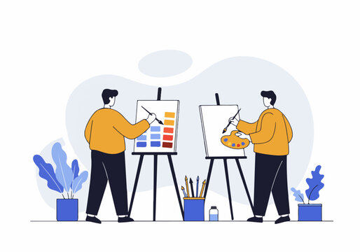 Two male artists painting on canvases in an art studio, creative process illustration.