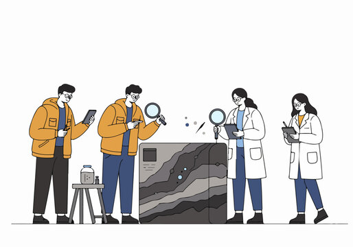 A team of diverse scientists and geologists analyzing a large rock core sample or geological cross-section using magnifying glasses and digital tablets.