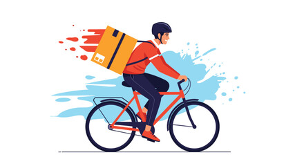 Fototapeta premium Fast delivery service concept featuring a courier on a bicycle carrying a large package with speed lines and splashes in the background.