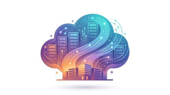 Cloud Computing Concept: Virtual server cluster processing data at sunset datacenter
