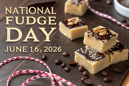 Celebrate national fudge day on june 16 2026 with delicious squares of creamy fudge topped with chocolate and nuts scattered around coffee beans and decorative ribbon on a rustic wood background.