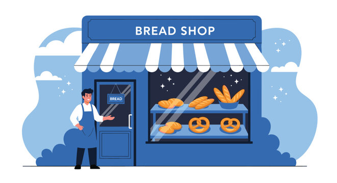Friendly male baker wearing an apron standing outside his blue bread shop filled with various freshly baked pastries and loaves.