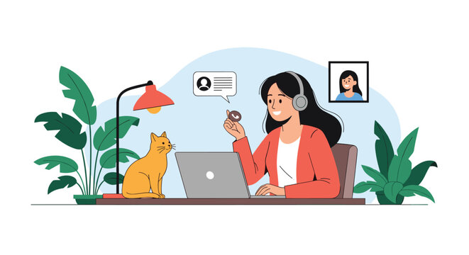 Creative woman wearing a headset working on her laptop at a desk with her orange cat sitting nearby in a cozy home office.
