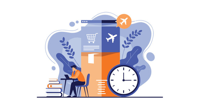 Busy office worker multitasking by managing flight bookings and delivery packages while working against a tight deadline clock.