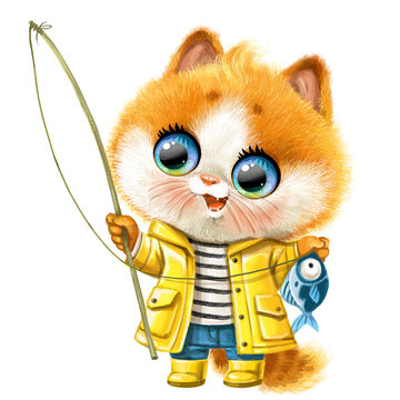 Cute cartoon kitten in yellow raincoat  with a fishing rod, he shows off the fish he caught