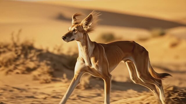Azawakh sighthound running across a sandy desert landscape at golden hour. Beautiful low angle tracking shot capturing wind blowing through its fur.