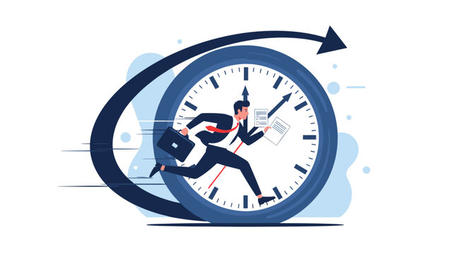 Energetic businessman running at high speed inside a giant clock carrying a briefcase and important business documents.