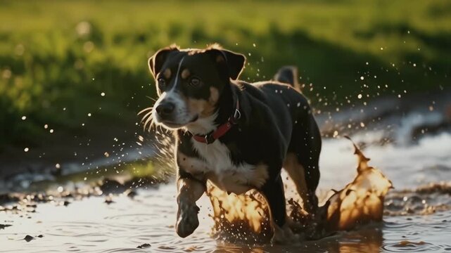 Dog runs dramatically through a muddy puddle, water and mud splashes in slow motion, low-angle tracking shot with cinematic backlight.