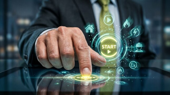 Start Button Ignition: A decisive finger presses the glowing START button, surrounded by innovative icons, symbolizing the beginning of a transformative journey.