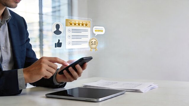 Businessman using smartphone accessing five star customer feedback rating digital hologram icon user profile social media like button and award seal modern office work background