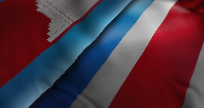 Cambodia and Thailand waving flags looping. Cambodian and Thai symbols banner blowing in the wind seamless and looped concept animation.
