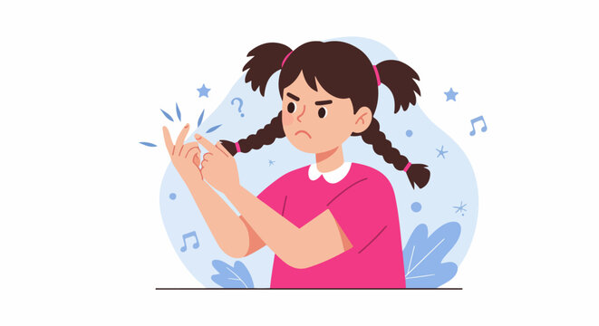 Frustrated young girl with pigtails counting on her fingers, showing difficulty with math or learning in a flat vector illustration style.