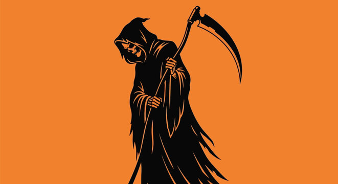 Grim reaper in black hooded cloak.