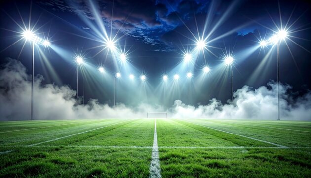Cinematic 3D rendering of a large stadium floodlight shining through the thick night fog, intense white light beams, empty grass field, dark atmospheric background, ultra-realistic, 8k resolution.