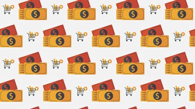 Dollar Banknote and Mini Shopping Cart Seamless Pattern Background, consumer spending and sales concept