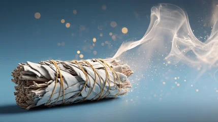 Stickers Ziekenhuis Bundle of sage releasing fragrant smoke against a soothing blue background.  © Premium_art