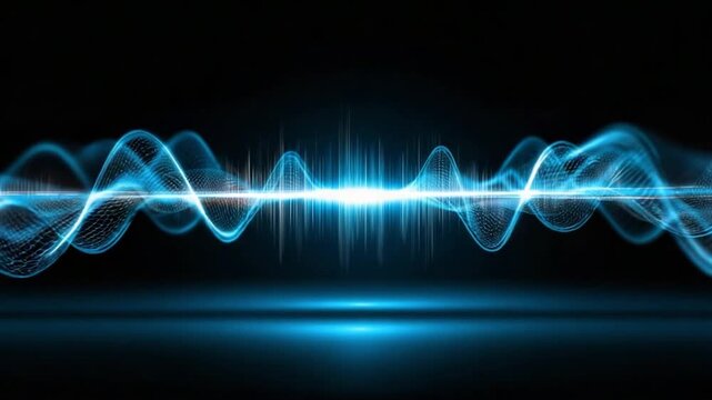 Sound Wave Abstract: A captivating visualization of sound waves pulsating with vibrant energy against a backdrop of darkness. Its essence is of rhythm and harmony.