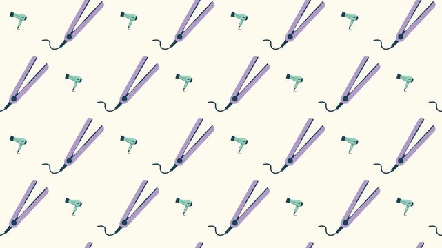 Hair Dryer and Professional Flat Iron Seamless Pattern Background, beauty salon and styling concept
