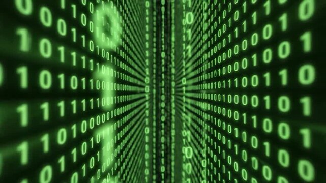 Abstract digital binary code background with green numbers flowing down. Information technology concept with data stream