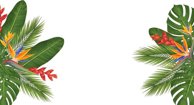 Summer tropical border with monstera leaves, palm fronds, bird of paradise flowers, and heliconia isolated on white background for summer sale banner or wedding invitation