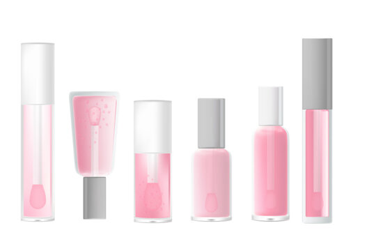 Cosmetic nude pink lipgloss makeup clear glass bottles with brush lid mockup set isolated, transparent background, lip oil, lipstick 3d tube, lip balm, lip tint different shape beauty packaging.