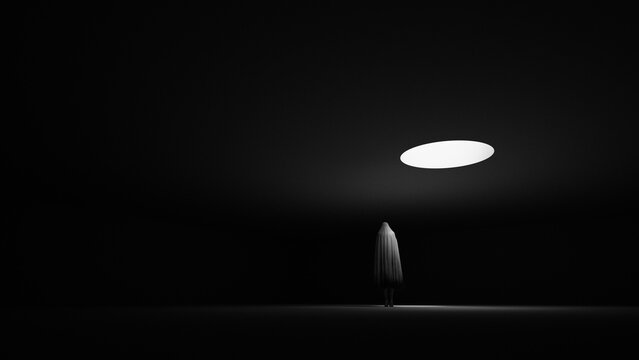 Hooded Ghost Floating Phantom Spirit Apparition in Vast Dark Empty Room with Dramatic Circular Overhead Light Eerie Minimalist Atmosphere 3D Illustration