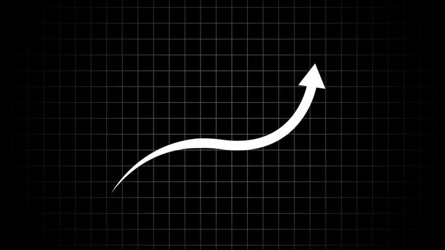 White rising arrow graph animation on black grid background, for financial growth, and business success
