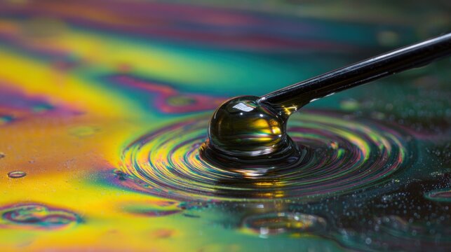 drop of engine oil on dipstick, rainbow oil film on water surface, macro texture, reflective light, realistic fluid behavior, high detail