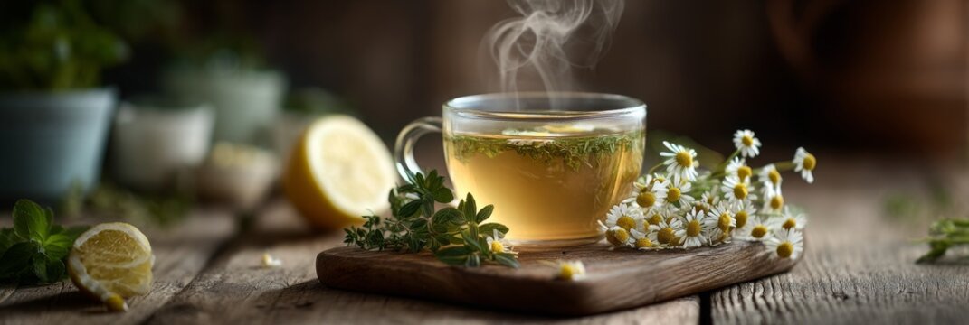 A steaming cup of herbal tea with fresh herbs and lemon slices on a wooden table.