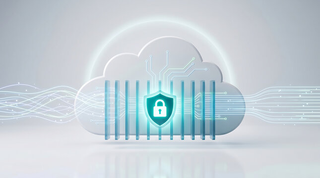 3d illustration of secure cloud computing with shield icon and digital fiber optic data flow on white background