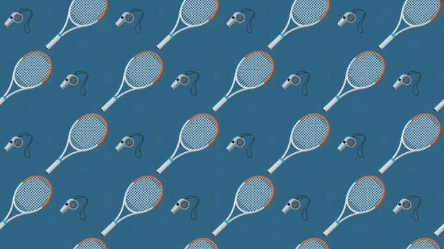 Tennis Racket and Referee Whistle Seamless Pattern Background, sports competition and fitness concept