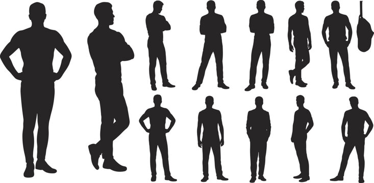 Collection of human silhouettes in standing poses with punching bag, posture reference, design template, minimal illustration, white background art