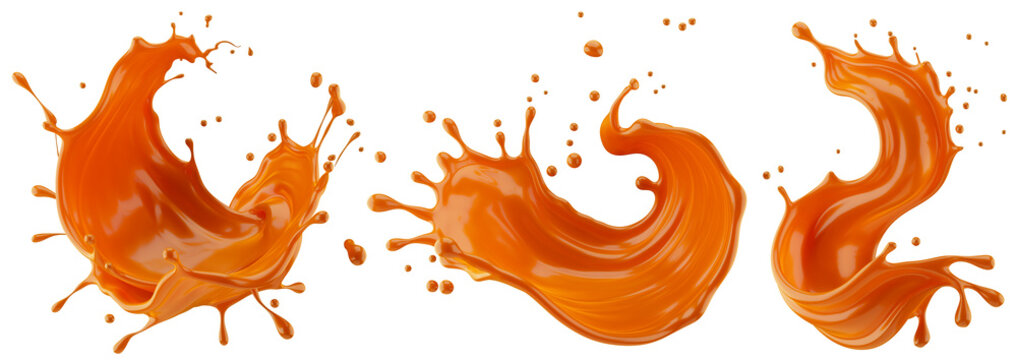 Set of caramel splashes isolated on a white background. 3D render