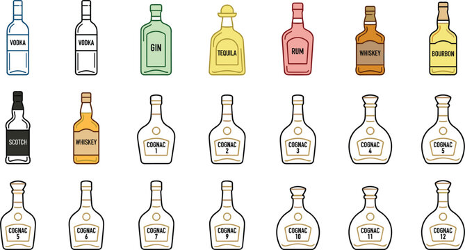 Alcohol bottles collection with vodka gin tequila rum whiskey and cognac representing spirits beverage industry bar menu and drink varieties set