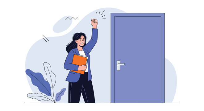 Determined woman wearing a blue blazer and carrying an orange folder raises her fist to knock on a large blue door.