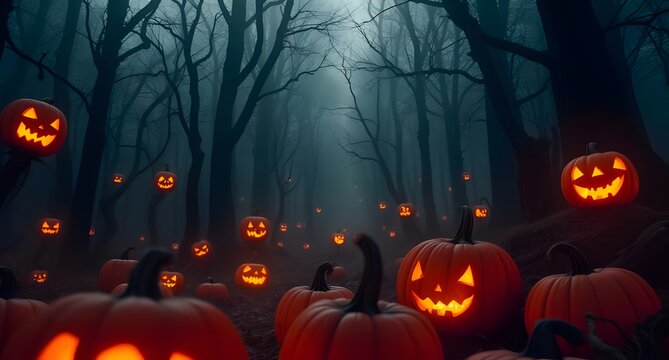 A haunting Halloween forest filled with glowing jack-o'-lanterns and mysterious lights, perfect for spooky visual storytelling.