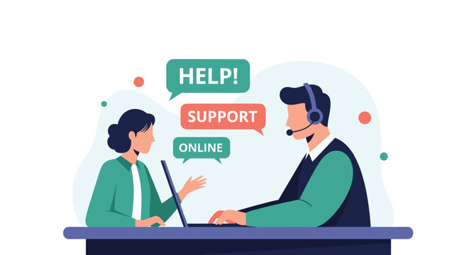 Professional male consultant with a headset assists a female client with support and help services on a laptop at a desk.