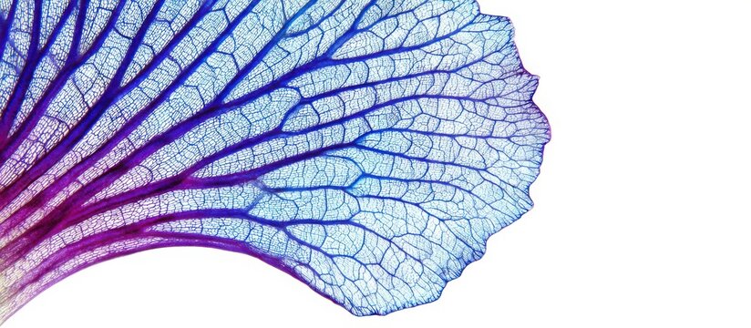 Extreme macro of iris petal with blue and purple gradient, intricate vein pattern, translucent organic structure, skeleton effect, isolated on clean