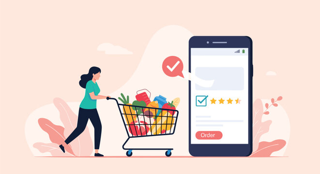 Woman pushing a shopping cart full of healthy groceries next to a giant smartphone for a convenient online ordering experience.