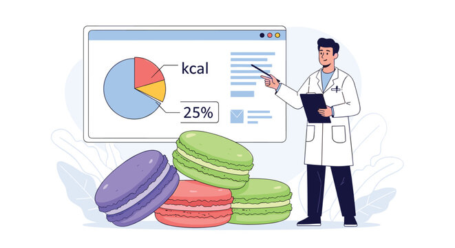 Nutritionist in a lab coat pointing at a calorie pie chart on a screen next to a pile of giant colorful macarons.