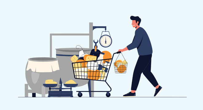 Man pushing a shopping cart full of artisanal cheeses and baked goods through a modern food processing and weighing facility.